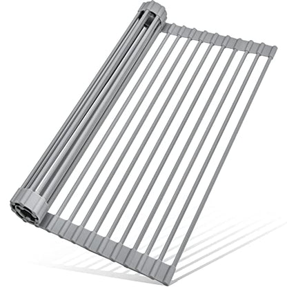 Roll Up Dish Drying Rack, Over The Sink Dish Rack Foldable, Heat-Resistant, Anti-Slip Silicone Coated Steel Dish Drainer for Kitchen Sink, Multipurpose Roll Up Sink Drying Rack, 17.5" x 13"