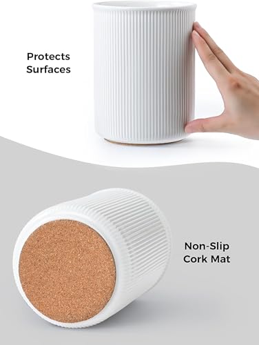 6.7" Utensil Holder, Ceramic Kitchen Utensil Holder with Cork Bottom, Large Utensil Crock for Countertop, Vintage Cooking Tool Organizer Set for Kitchen Counter Decor(White)