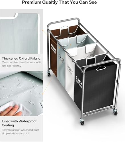 Laundry Hamper Sorter Cart, 4-Section Organizer with Lockable Wheels | Heavy-Duty 180L Rolling Laundry Basket with Removable Bags for Dirty Clothes in Laundry Room or Small Spaces, Multicolor
