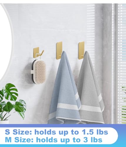 14 Pcs Towel Hooks with Removable Strips for Hanging, Adhesive Wall Hooks Heavy Duty, Outdoor No Damage, Sticky Hook for Bathrooms, Shower, Stockings, Decor, Robe, Small, Gold 304 Stainless Steel