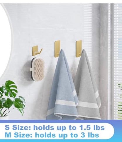 14 Pcs Towel Hooks with Removable Strips for Hanging, Adhesive Wall Hooks Heavy Duty, Outdoor No Damage, Sticky Hook for Bathrooms, Shower, Stockings, Decor, Robe, Small, Gold 304 Stainless Steel