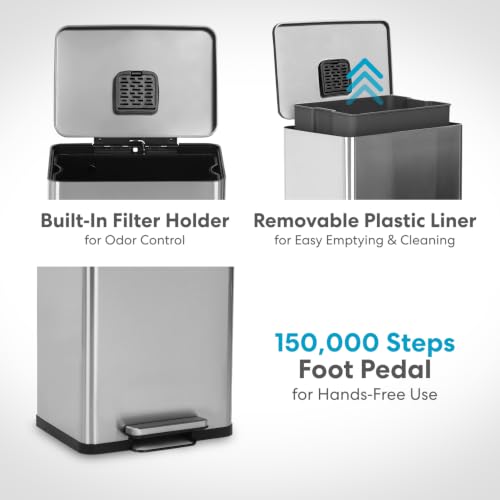 SIMPLI-MAGIC 50 Liter / 13.2 Gallon Soft-Close, Smudge Resistant Trash Can with Foot Pedal and Built in Filter- Stainless Steel, Sleek Finish