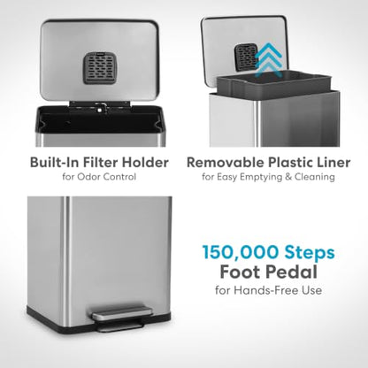 SIMPLI-MAGIC 50 Liter / 13.2 Gallon Soft-Close, Smudge Resistant Trash Can with Foot Pedal and Built in Filter- Stainless Steel, Sleek Finish