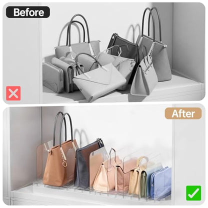 Purse Organizer for Closet, Stackable Handbag Storage Shelf, Adjustable Clear Shelf Dividers, Keep Clutch, Bag, Pocketbook Upright, for Bedroom