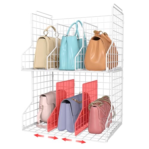 Purse Organizer for Closet:Adjustable 2-Pack Dividers Purse Organizer-Stackable Wire Handbags Storage Baskets-Open Cabinets Wallets Tote Chain Bags Clutches-White