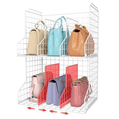 Purse Organizer for Closet:Adjustable 2-Pack Dividers Purse Organizer-Stackable Wire Handbags Storage Baskets-Open Cabinets Wallets Tote Chain Bags Clutches-White