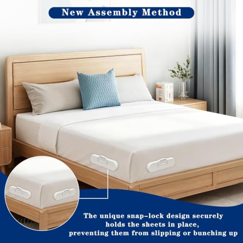 Bed Sheet Holders for Corners, 4 Pack Fitted Sheet Grippers with 8 Locks | 4 Holders + 8 Fasteners, Non-Slip Sheet Clips, Snap Lock Design,Easy Install, Universal For Home Hotel Kid Bed