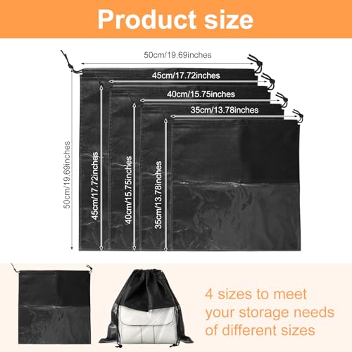12 Pcs Dustproof Drawstring Bags Purse Dust Storage Bags for Handbags Covers Non Woven Fabric Cloth Pouch String Packing Organizer Shoe Pouch (Assorted Sizes, Black)