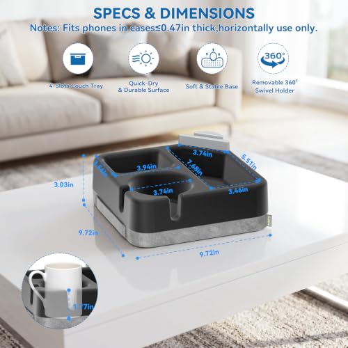 Couch Cup Holder Tray Couch Cup Holder Pillow Soft Sofa Caddy Drink Holder with 3 Compartments &Removable 360°Swivel Phone Stand, Portable Bed Snack Caddy Pillow with Handle for Tablet Controller Grey