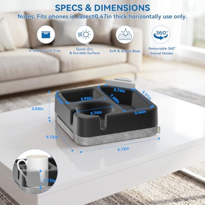 Couch Cup Holder Tray Couch Cup Holder Pillow Soft Sofa Caddy Drink Holder with 3 Compartments &Removable 360°Swivel Phone Stand, Portable Bed Snack Caddy Pillow with Handle for Tablet Controller Grey