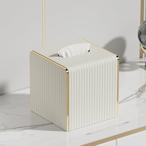 Tissue Box Cover,White Square Leather Tissue Box Holders with Gold-Tone Edging Decoration, Tissue Vessel for Bathroom Toilet Bedroom Living Room Table Desk Office,Modern Home Decor