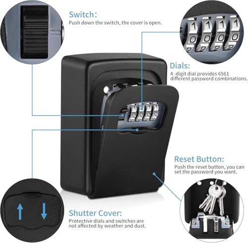 Key Lock Box for Outside - Sturdy and Durable Lock Box for House Key,5 Key Capacity Lockbox for Keys Outdoor,Waterproof Emergency Spare Key Lockbox with Resettable Code for Home,Garage,Airbnb