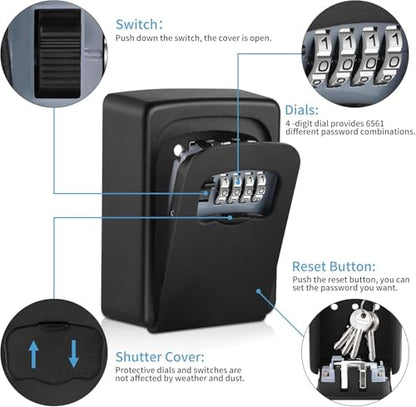 Key Lock Box for Outside - Sturdy and Durable Lock Box for House Key,5 Key Capacity Lockbox for Keys Outdoor,Waterproof Emergency Spare Key Lockbox with Resettable Code for Home,Garage,Airbnb