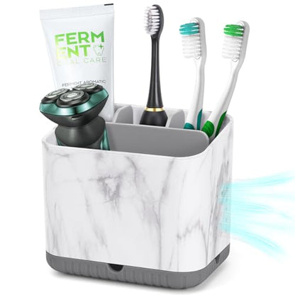 Toothbrush Holder for Bathrooms, Toothbrush Organizer (Grey Marble Grain) | Easy To Clean, Drainage, Removable, Non-Slip, 4 Slots Tooth Brush Holder for Bathroom Countertop Organizer