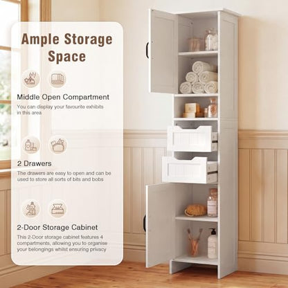67" Tall Bathroom Storage Cabinet, Narrow Bathroom Cabinet with 2 Doors, 2 Drawers and 2 Adjustable Shelves, Slim Storage Cabinets for Kitchen, Living Room, Entryway, White