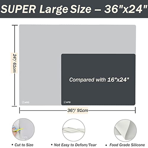 Extra Large Silicone Mat Kitchen Counter Heat Resistant Table Mat 36" x 24" | Place Mats, Countertop Protector , Thick Placemats Washable Silicone Mats for Kitchen Counter Dining Table Mat , Grey , Sapid