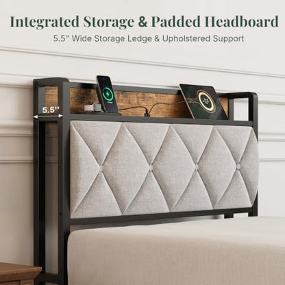 Twin Bed Frame, Headboard with Charging Plug | Upholstered Storage Design With Use, Solid Metal Construction, Noise-Free, No Box Spring Needed, Easy Assembly, Antique Wood