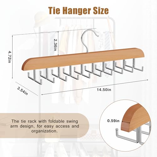 Tie Rack Hanger for Closet, 2 in 1 Belt Tie Hangers with 20 Folding Hooks, 360 Degree Rotating Wooden Tie Holder Organizer for Men Ties Belts Scarves Tank Tops Accessories, Wood (2 Pack)