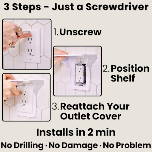 Power Perch Outlet Shelf for Alexa, HomePod Mini, Made in USA, White 1 Pack | Outlet Wall Mount with Cord Storage Strap, Charging Station, WiFi Router Shelf for Bathroom, Bedroom, Kitchen, Holds 10 lb