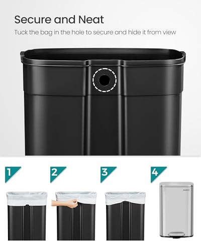 SONGMICS 13 Gallon (50 L) Trash Can, Stainless Steel Kitchen Garbage Can, Recycling or Waste Bin, Soft Close, Step-On Pedal, Removable Inner Bucket, Silver ULTB050E01