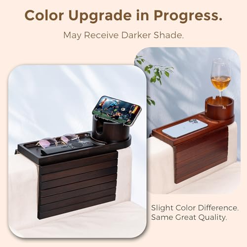 Couch Cup Holder for Armrests Over 4.9" Wide with 360° Phone Stand Walnut | Couch Arm Tray with 360° Rotating Phone Stand, 3 in 1 Foldable Sofa Arm Tray Table for Remote, Snacks, Phone, Drinks