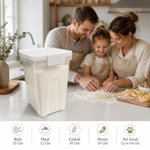 Rice Storage Container 10-15 Lbs, Airtight Flour Dry Food Bin with Scoop