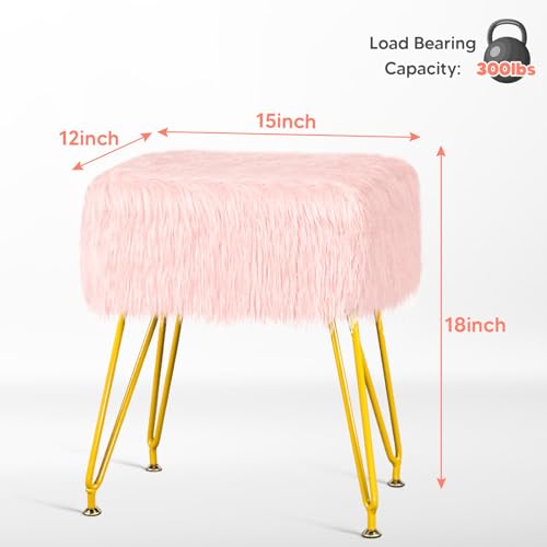 Vanity Stool Chair with Storage, Soft Ottoman Seat Vanity Chair with Anti-Slip Feet, Fluffy Padded Seat Multifunctional Footrest Side Table with 4 Metal Legs for Makeup, Bedroom, Dorm, Pink