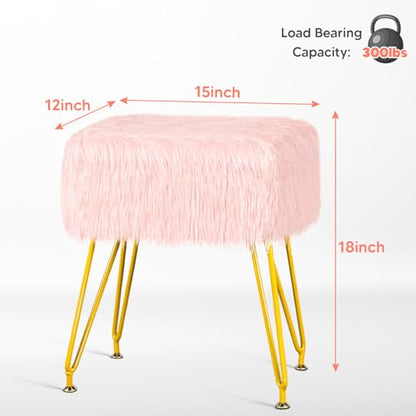 Vanity Stool Chair with Storage, Soft Ottoman Seat Vanity Chair with Anti-Slip Feet, Fluffy Padded Seat Multifunctional Footrest Side Table with 4 Metal Legs for Makeup, Bedroom, Dorm, Pink