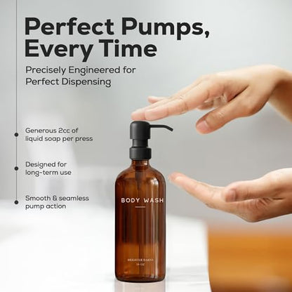 Amber Shampoo and Conditioner Dispenser Set by Brighter Barns - Body Wash and Shampoo Bottles with Pump - Refillable Plastic Shower Dispenser for Modern Bathroom Decor in Vacation Rental, Spa (Amber)