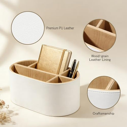 PU Leather Desk Organizer with Multi Compartments, Desktop Caddy Holder for Remote Controls, Pens, Makeup Brushes, Office Accessories (Beige)