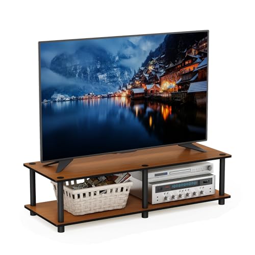 Furinno JUST Toolless TV Stand, 2-Tier Wide Entertainment Center for TV up to 46 Inch, Open Shelf TV Console, for Living Room, Bedroom, Light Cherry