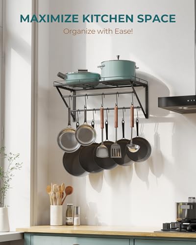 OROPY 23" Pot Rack Wall Mounted, Pot Organizer with 2 Tier Hanging Rails | Heavy Duty Pot and Pan Organizer with Storage Shelf & 12 S Hooks, Space Saving Hanging Pot Rack