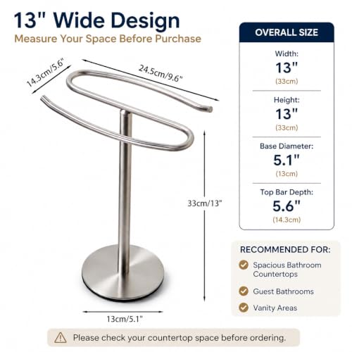 Brushed Nickel Hand Towel Holder Stand,13 Inch Free-Standing Towel Rack, SUS304 Stainless Steel Towel Bar Rack Stand, Tower Bar for Bathroom Kitchen Vanity Countertop…