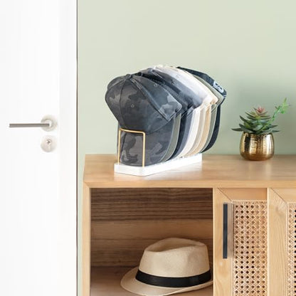 Mkono Hat Organizer for Baseball Caps, Hat Holder Storage for Closet, Gold | Hat Rack for 10 Caps, Space Saving, Easy Assembly, Sturdy Wood Base, Clear Display Stand, for Tabletop Shelf Dresser Bedroom