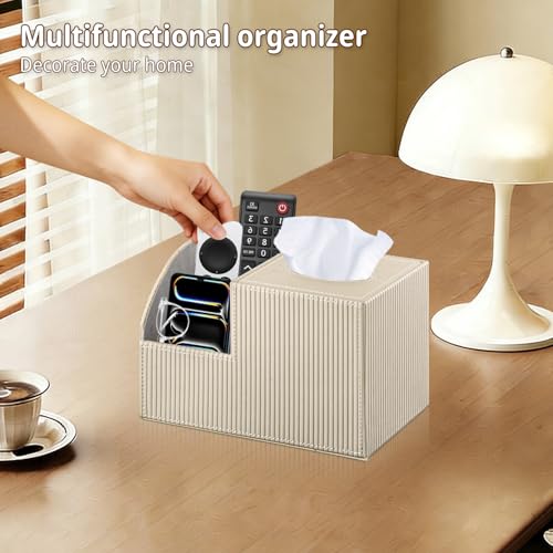 PUSU Square Tissue Box Cover with Storage and TV Remote Control Holder | Multi-Functional Cube facial Tissue Box Organizer for Bathroom,Vanity,Side table,Nightstand,End Table,Side table,Home Decor
