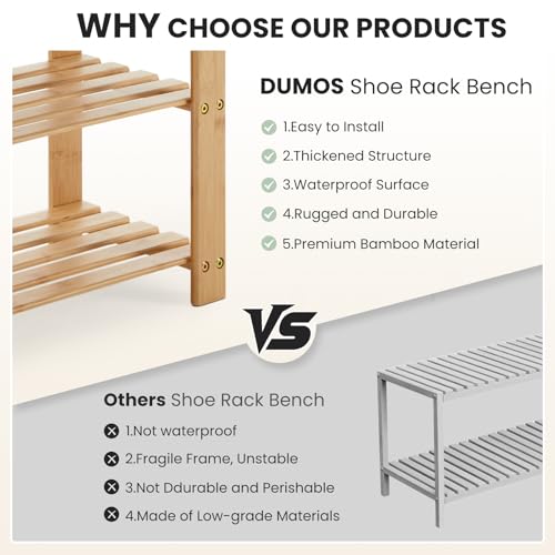 DUMOS Shoe Rack Bench with Storage, 3-Tier Bamboo Entryway Benches, Wooden Shoe Rack Holds Up to 286 lb Storage Organizer, Suitable for Bedroom Living Room Balcony, Classical Wood