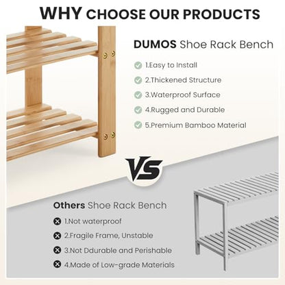 DUMOS Shoe Rack Bench with Storage, 3-Tier Bamboo Entryway Benches, Wooden Shoe Rack Holds Up to 286 lb Storage Organizer, Suitable for Bedroom Living Room Balcony, Classical Wood