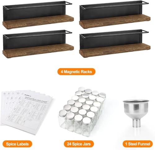 Magnetic Spice Rack with 24 Jars, 216 Labels, 1 Steel Funnel for Refrigerator，Microwave Oven - Full Set of Spice Organizer