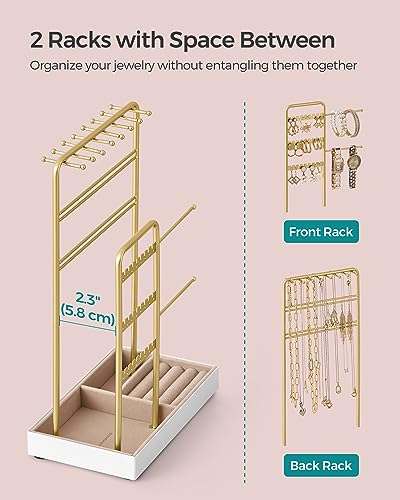 SONGMICS Necklace Holder, Jewelry Stand Holder Organizer, Jewelry Display with Metal Frame, Velvet Tray, Earring Bracelet Holder, for Gift Idea, 4.5 x 7.7 x 12.1 inch, Pale Gold UJJS021A01