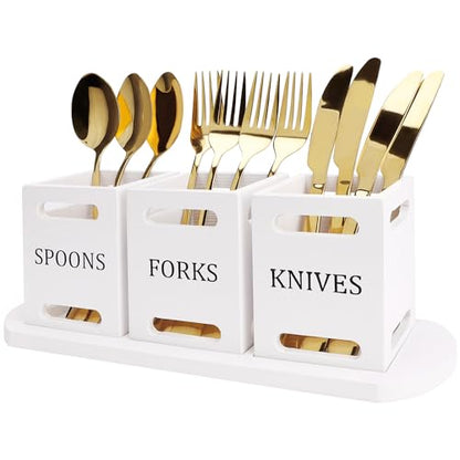 Wooden Flatware Silverware Caddy for Party Cutlery Utensil Holder Counter | Wood Silverware Organizer Countertop Knife Fork and Spoon Holder Table Utensil Caddy Basket White Kitchen Decor Accessories