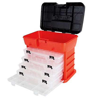 Portable Tool Storage Box - Small Parts Organizer with 4 Multi-Compartment Trays for Fishing Tackle, Hand Tools, or Craft Supplies by Stalwart