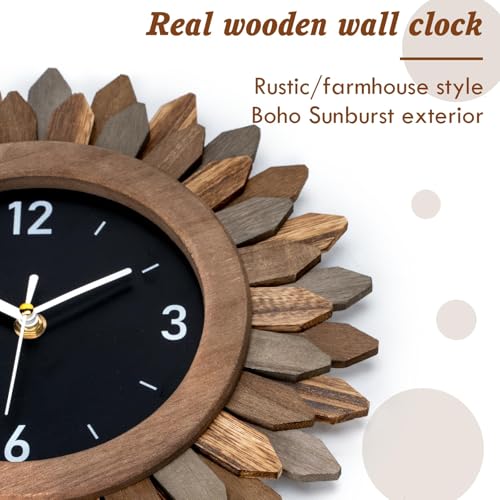 Wall Clock Battery Operated 12 in Rustic Wood Boho Sunburst Decorative Wall Clock Silent Non Ticking Farmhouse Small Wall Clocks for Living Room Kitchen Bathroom Bedroom Decor (Tricolor)