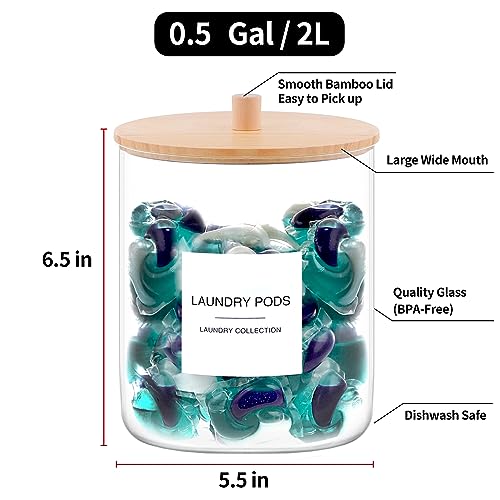 Glass Jars for Laundry Room Organization, Laundry Pods Container with 27 Labels, Detergent Holder with Bamboo Lid, Cute Storage Jars (Set of 1)