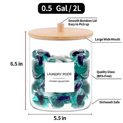 Glass Jars for Laundry Room Organization, Laundry Pods Container with 27 Labels, Detergent Holder with Bamboo Lid, Cute Storage Jars (Set of 1)