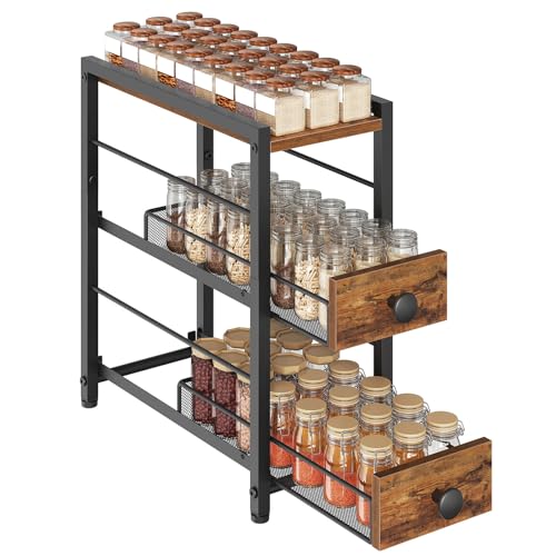 Spice Rack, 3-Tier Pull Out Spice Rack Organizer for Countertop, Narrow Kitchen Countertop Storage Shelf with 2 Drawers, for Kitchen, Cafe, Rustic Brown and Black SR02BR