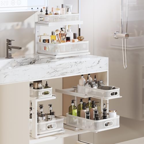 2 Pack Under Sink Organizer With Next-Gen Ball-Bearing Slides,2-Tier Precision Mesh Pull Out Cabinet Drawers Storage for Bathroom&Kitchen,Height Adjustable Shelf,Rust-resistant-Patent Pending