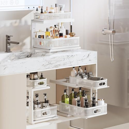 2 Pack Under Sink Organizer With Next-Gen Ball-Bearing Slides,2-Tier Precision Mesh Pull Out Cabinet Drawers Storage for Bathroom&Kitchen,Height Adjustable Shelf,Rust-resistant-Patent Pending