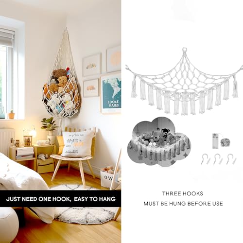 Amdermi Stuffed Animal Hammock Corner, Boho Macrame Plush Toy Storage Net for Wall, Hanging Stuffed Animal Holder for Nursery, Playroom, Kids Room, Cream