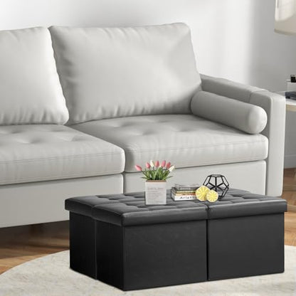 AmasSmile Footrest Ottoman Storage Bench, 34" Leather Folding Stool, Black | Large Ottoman with Storage, Thicker Foam Padded Seat, Livingroom, Dorm, Bedroom, Entryway, Easy to install,34 x 13 x 13in