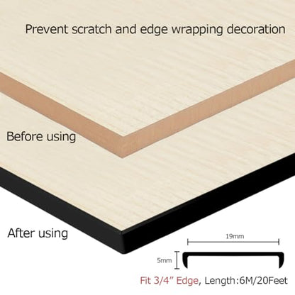 U Shape Plywood Edge Banding, Fit 3/4 inch Edge, Desk Edge Protector, Self-Adhesive Edge Trim for Veneer, Furniture, Countertop, Table, Sheet Metal, Black, 20Ft